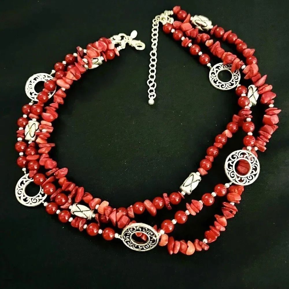 Vintage Premier Designs Cherry Red Coral Silver Stations 3 Strand Necklace 1560